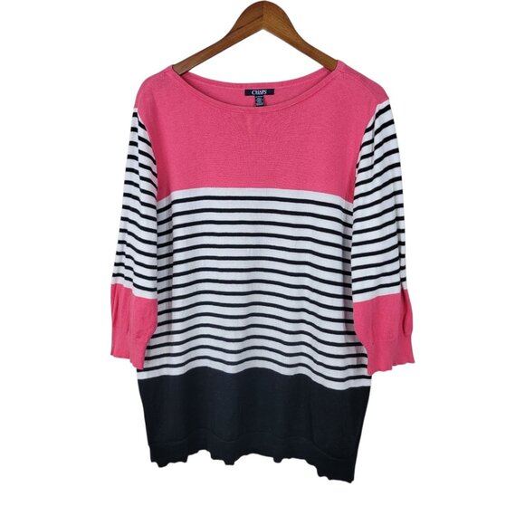 Chaps Pullover Sweater Ralph Lauren Plus 3X 22/24 Stripe Pink White 3/4 Sleeve - Picture 1 of 5